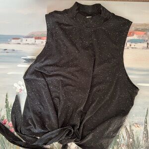 Lululemon Time to Restore Tie Front Black Speckled Print Muscle Tee Mock Neck